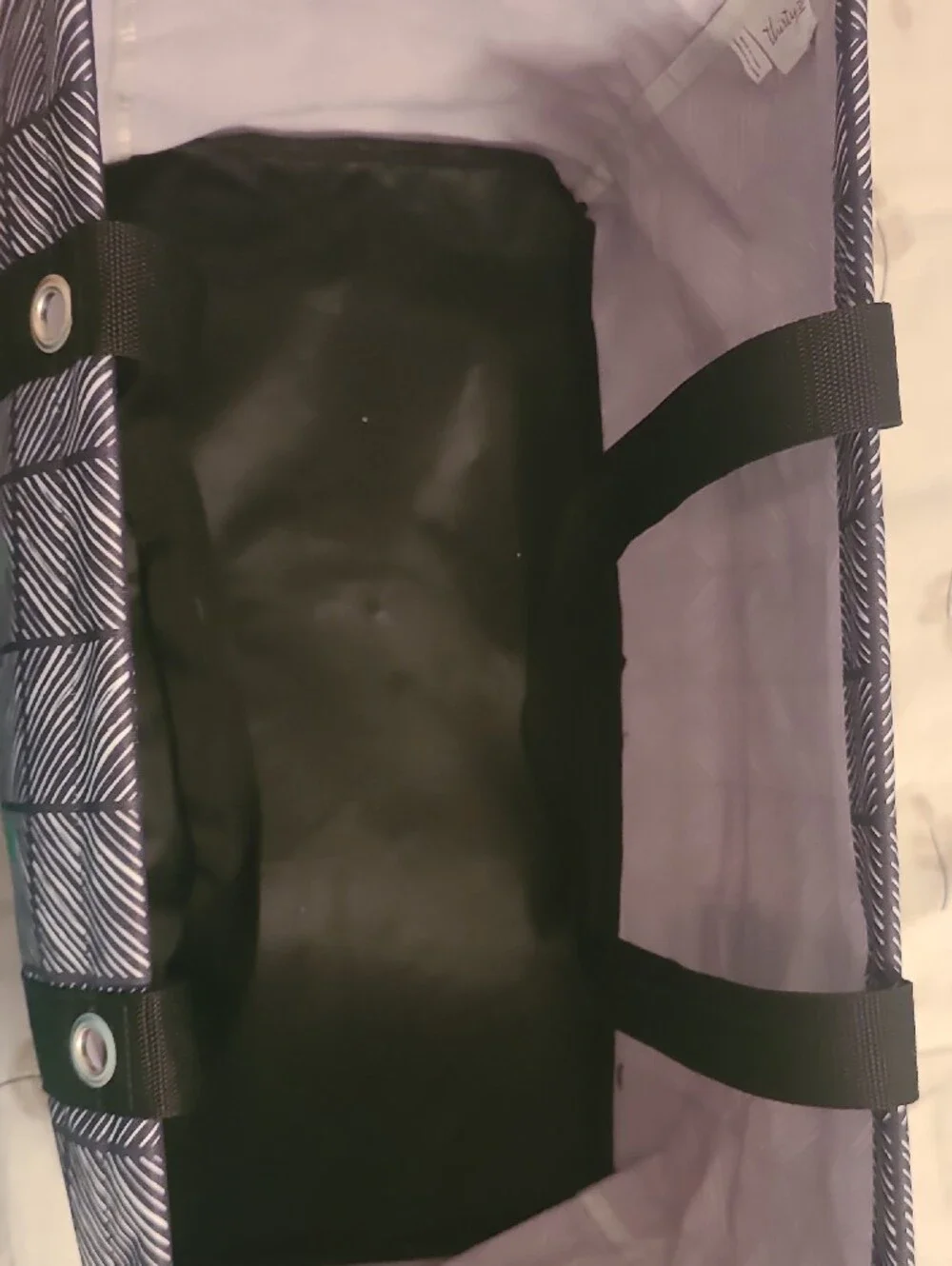 thirty-one Tote with Black & White Striped Trim and Lavender Interior